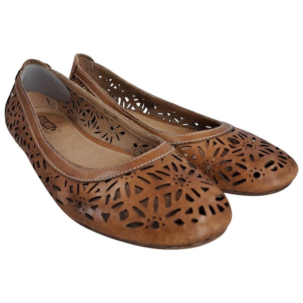 PIKOLINOS Brown Laser-Cut Leather Ballet Flats